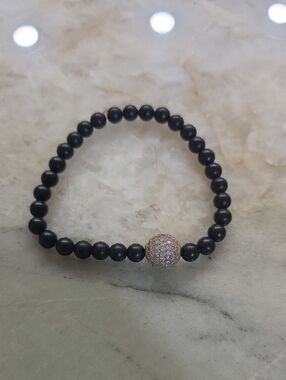 Black Onyc Beaded Stretch Power Bracelet w/ Pave Accent Bead